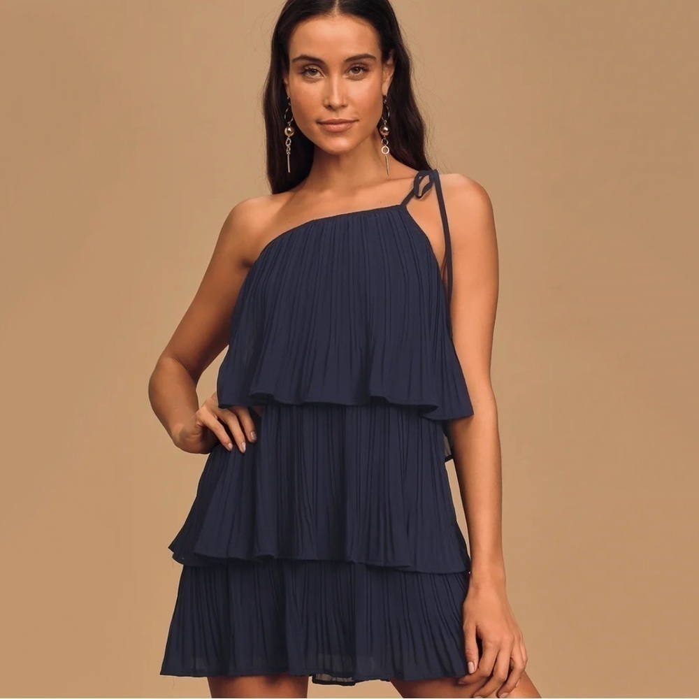 NWT Lulus Blowing Kisses Navy Blue Pleated One-Shoulder Mini Dress